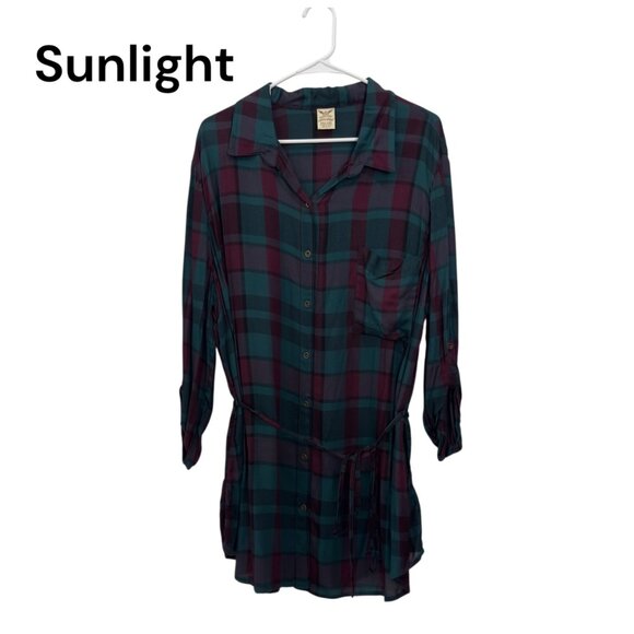 Faded Glory Womens Plaid Tunic Shirt SZ XXL (20)Teal & Burgundy Adj Waist Tie - Picture 1 of 11